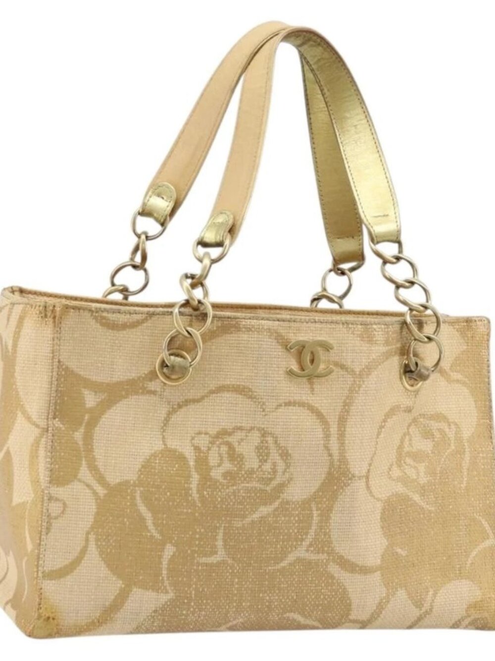 CHANEL Tote Bag Straw Beige Gold CC Auth bs33645